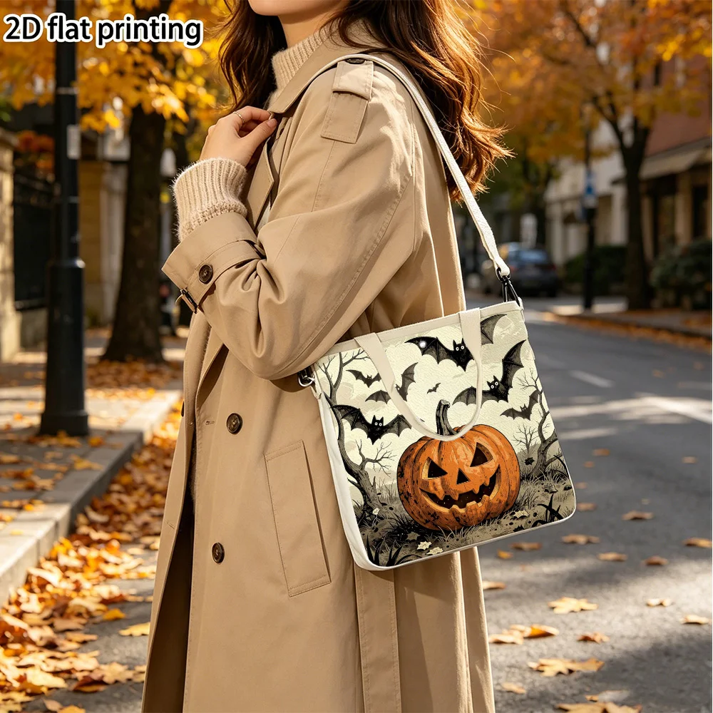 Bats flying over pumpkin Floral Canvas Tote Bag Detachable Strap Crossbody Handbag For Women Daily Shopping