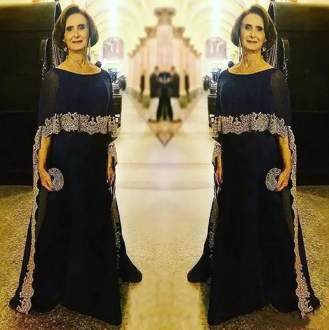 

Navy Blue Chiffon Mother Of The Bride Dresses With Cape Cloak Gold Appliques A-Line Plus Arabic Formal Evening Mother Gowns New