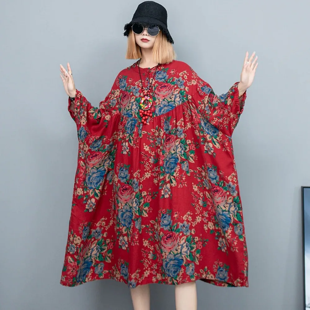 

Northeast Big Flower Cotton Hemp High Waist Large Swing Sleeve Dress Women 2024 Spring Summer New Midlength Red Dress LX805