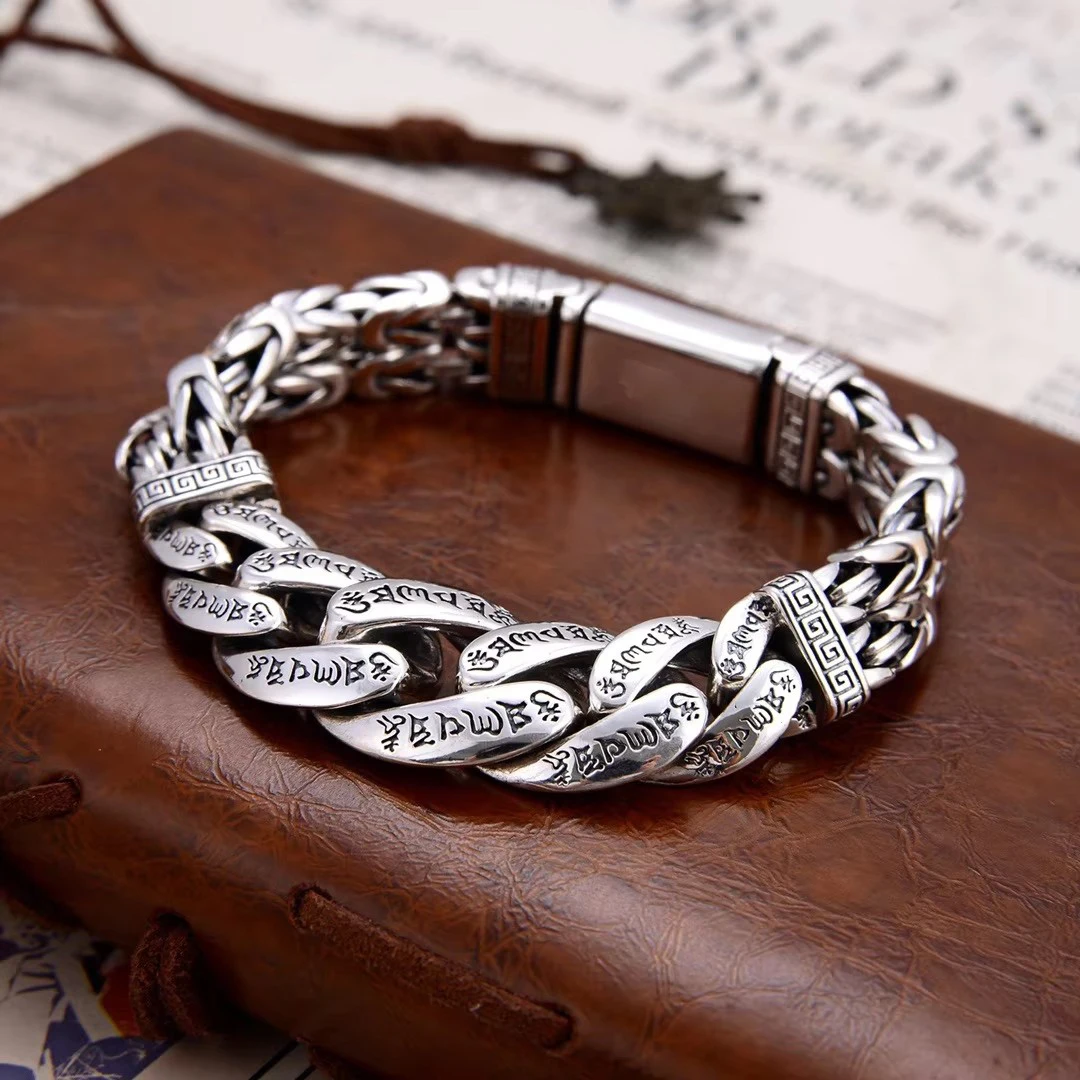 New Silver Color Bracelet Men's Original Design Retro Personality Transfer Mantra Mantra Turn Wind Jewelry