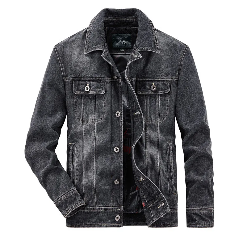 Men's Casual Slim Denim Black Washed Rivet Buckle Lapel Trendy Fashion All-match Jacket Top