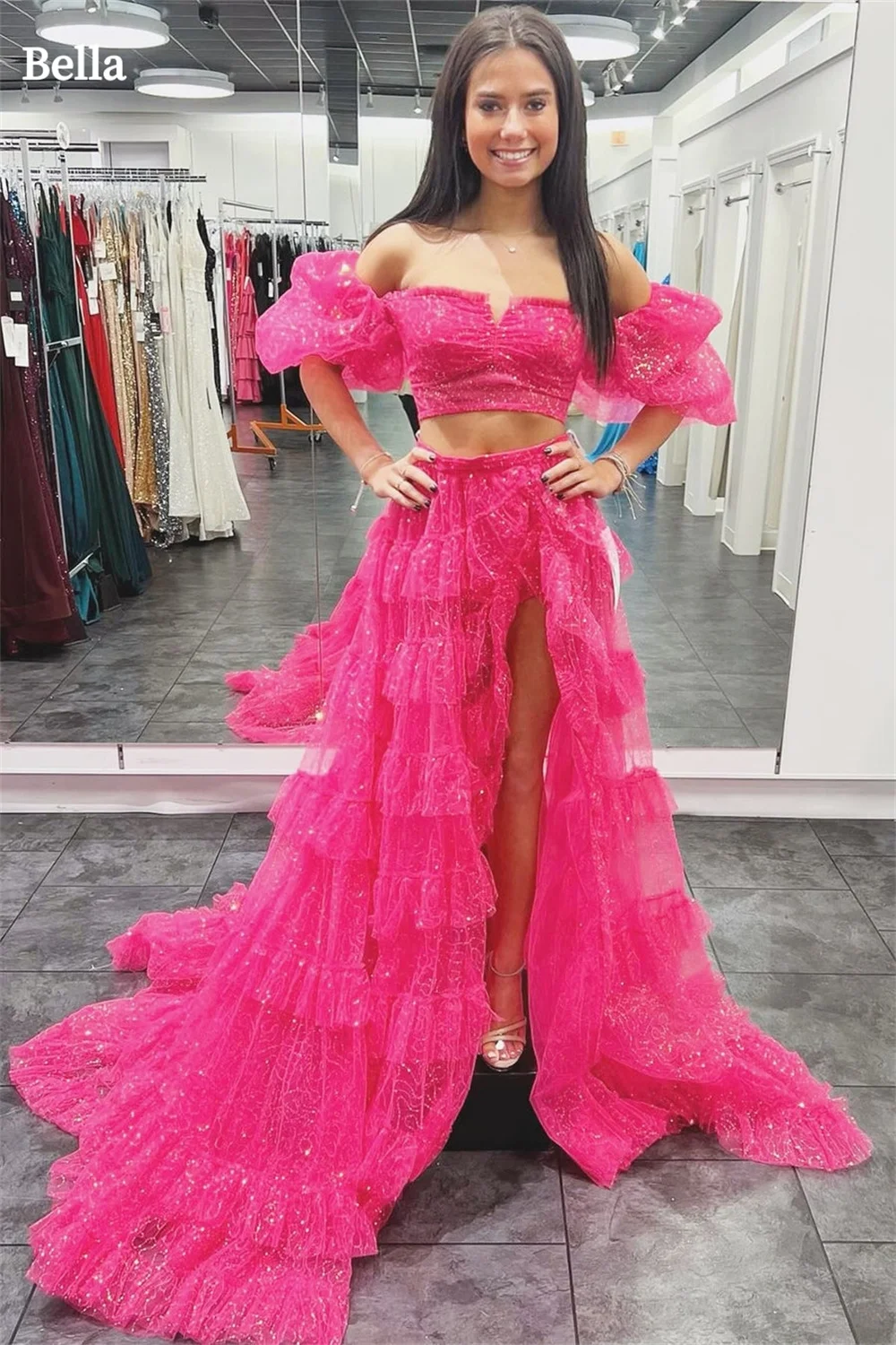 

Bella Hot Pink Tulle Prom Dresses Off the Shoulder A-line Wedding Dress Sweet Puffy Sleeves Side Split Vestidos De Fiesta 2024