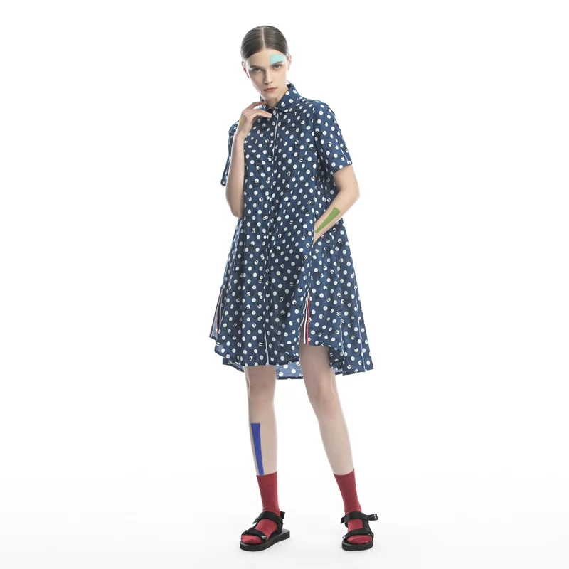 

Original Artistic Polka Dot Patchwork Loose irt Dr Women's Summer ort Sve A-Line Skirt Dr Cotton Polyester