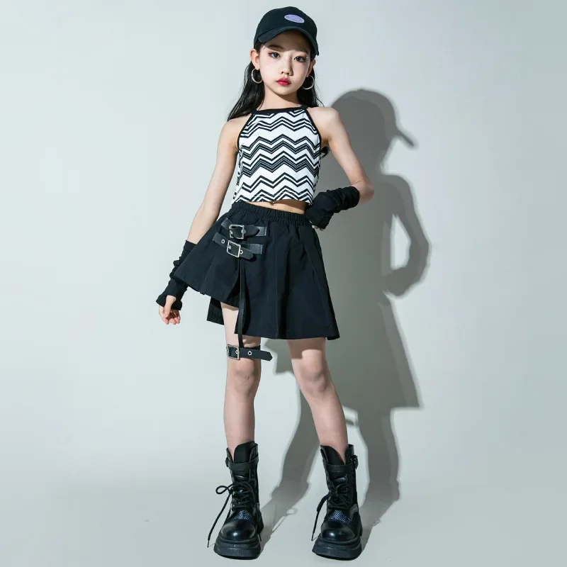 Mädchen Hip Hop Tanz Kleidung Kinder Welle Drucken Weiße Weste Top Bindung Rock Kinder Jazz Kleidung Straße Leistung Kostüm