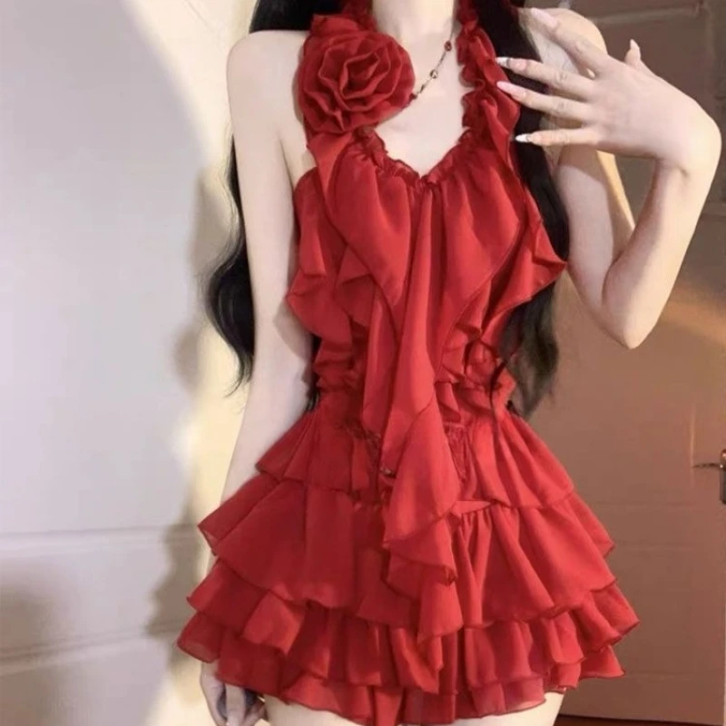 Lolita Sweet Sexy 2 Piece Skirt Sets Y2k 2000s Slim Sleeveless Tops + Kawaii Cake Mini Skirts Evening Party Vintage Suits Chic