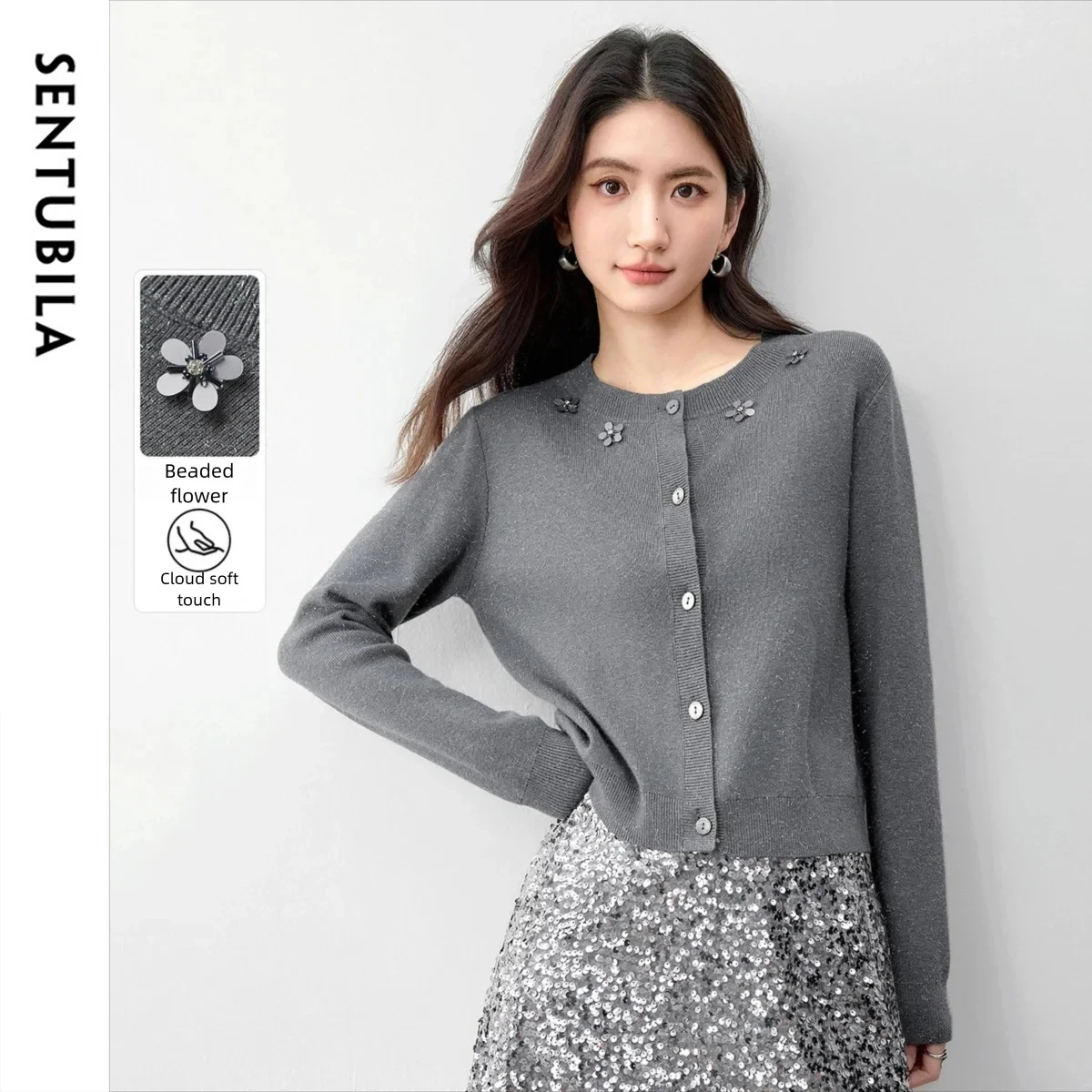 

SENTUBILA Cardigan For Women Autumn Single Breasted Button Straight Knitted Sweater New Elegant Commuter O-Neck Top W53EB3382