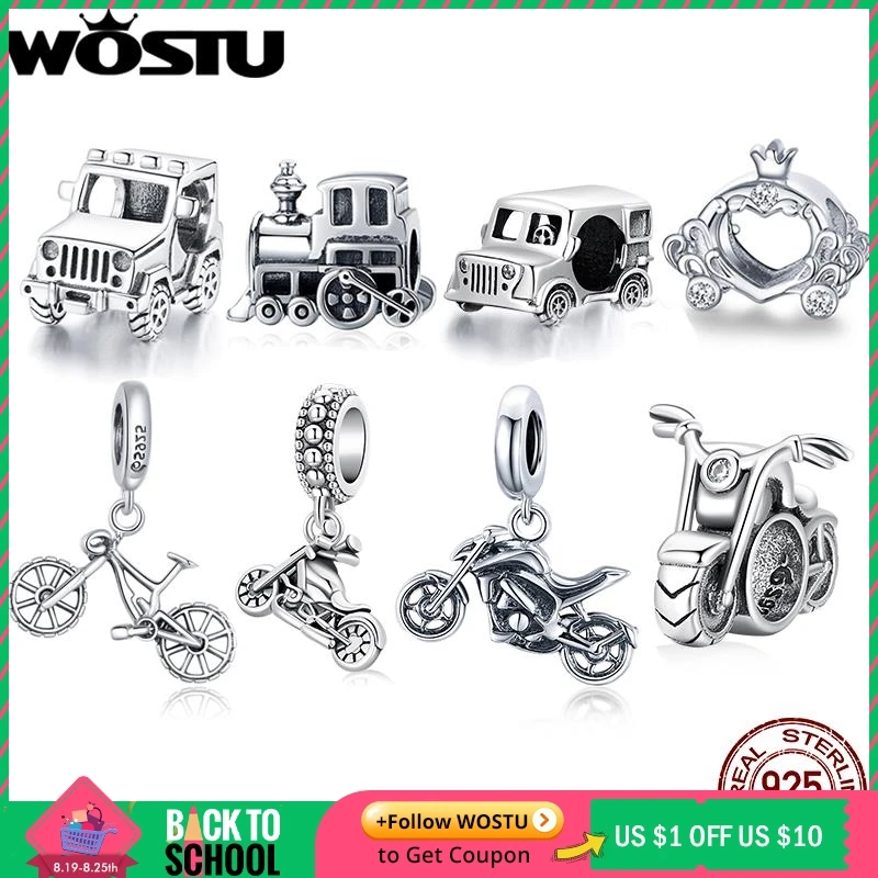 

WOSTU Classical Bicycle Motorcycle Charms 925 Sterling Silver Car Train Beads Fit Original Bracelet Necklace DIY Jewelry Punk