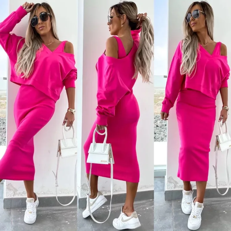 

Spring Summer Women's Solid Color V neck Long Sleeved Sweatshirt with Strapless and Form Fitting Long Dress Set of 2 Pieces