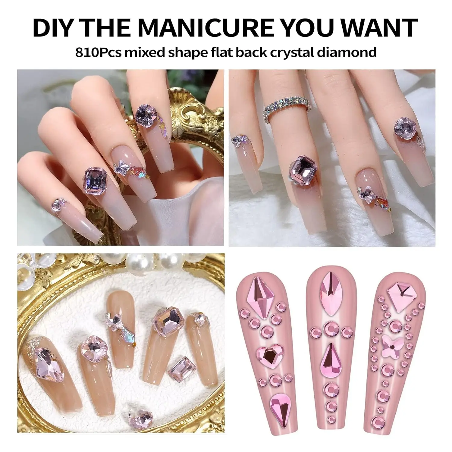 12Grids 3D Pink Mixed Nail Art Rhinestones(with Tools) Glitter Flatback Glass Diamond Gem Nails Charms DIY Manicure Decorations