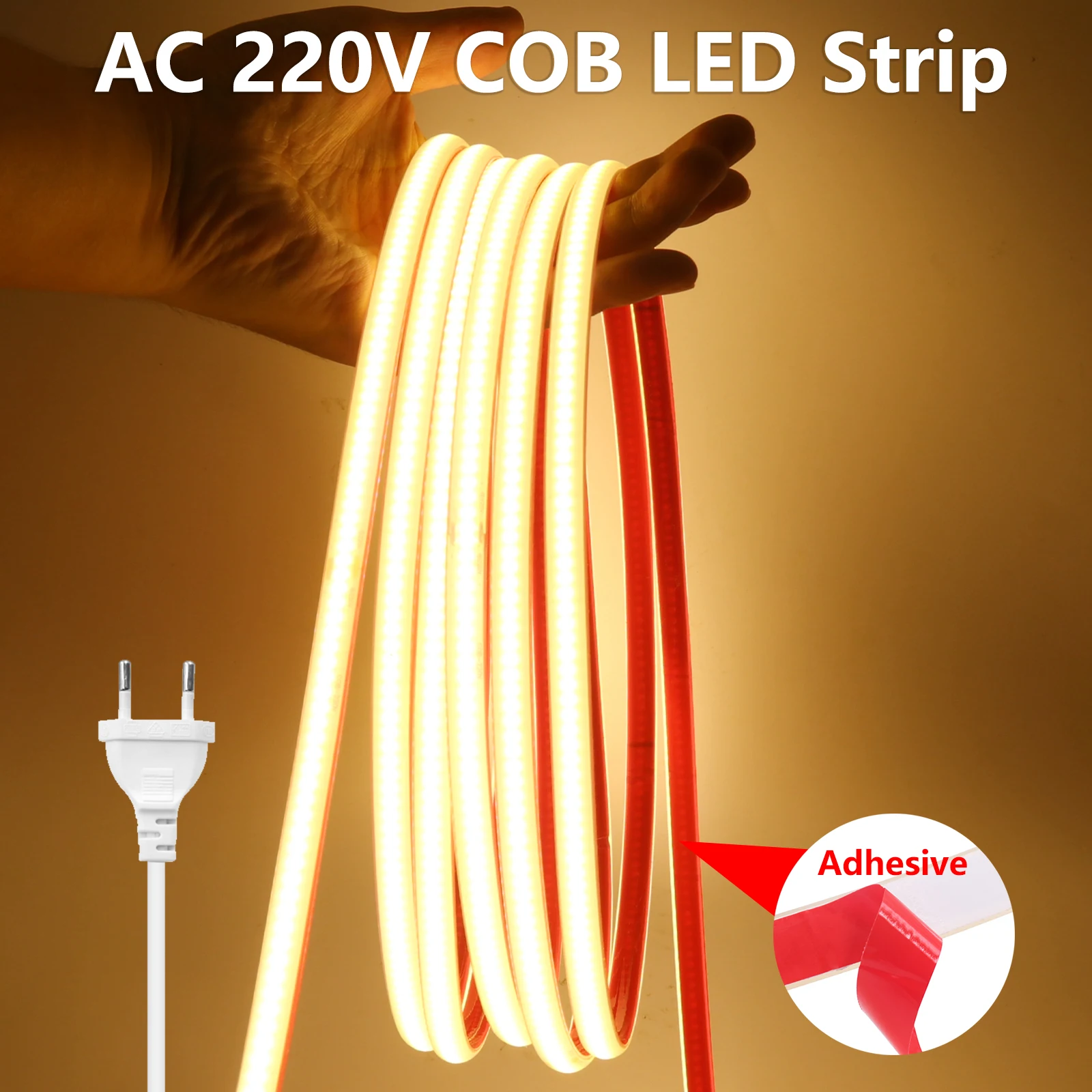 

LED Light Strips 220V High Brightness COB LED Strip Waterproof Adhesive Flexible Tape for Kitchen Room Outdoor Garden Lighting