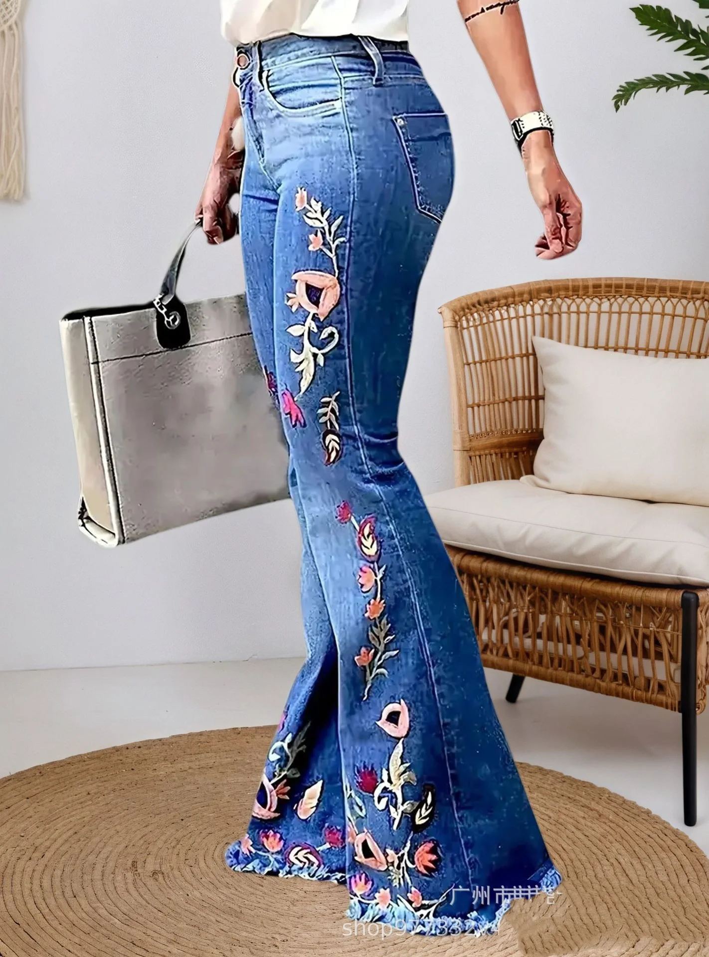 

Women's Elastic Embroidered Flared Jeans Long Pants Comfortable All-Season Casual Style Frayed Hem Elegant And Stylish Trousers