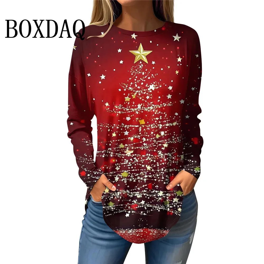 Christmas Tree Pattern Women Fashion T-Shirts Autumn Winter Long Sleeve 3D Print Street Ladies Shirt Casual Streetwear Loose Top