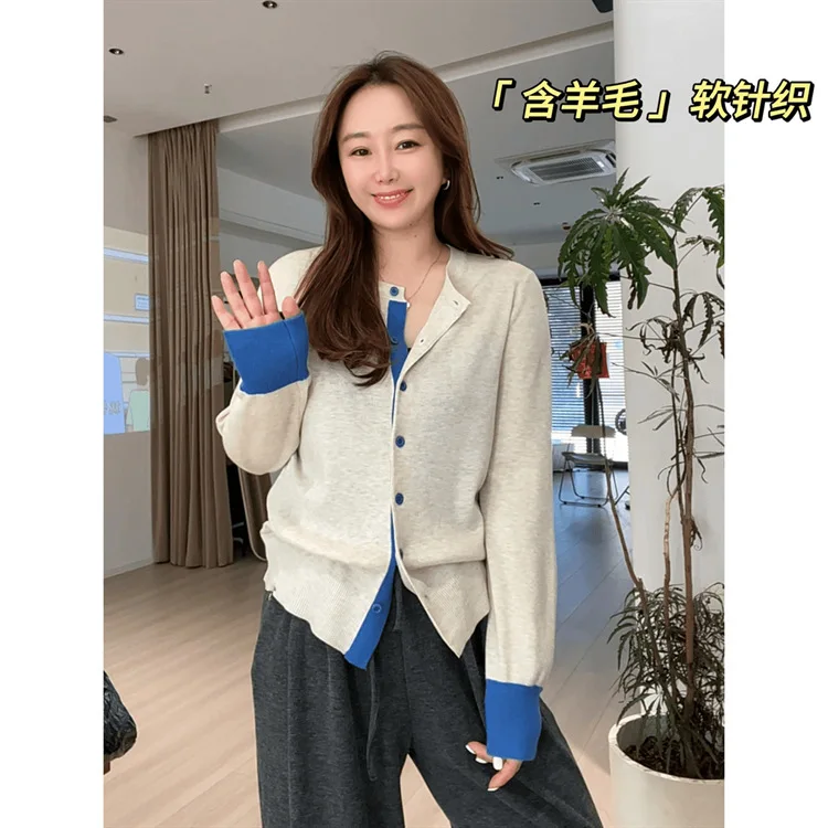 Autumn Cuffs Long Sleeved Knitwear Single Colorblock Slim Sweater Coat for Women