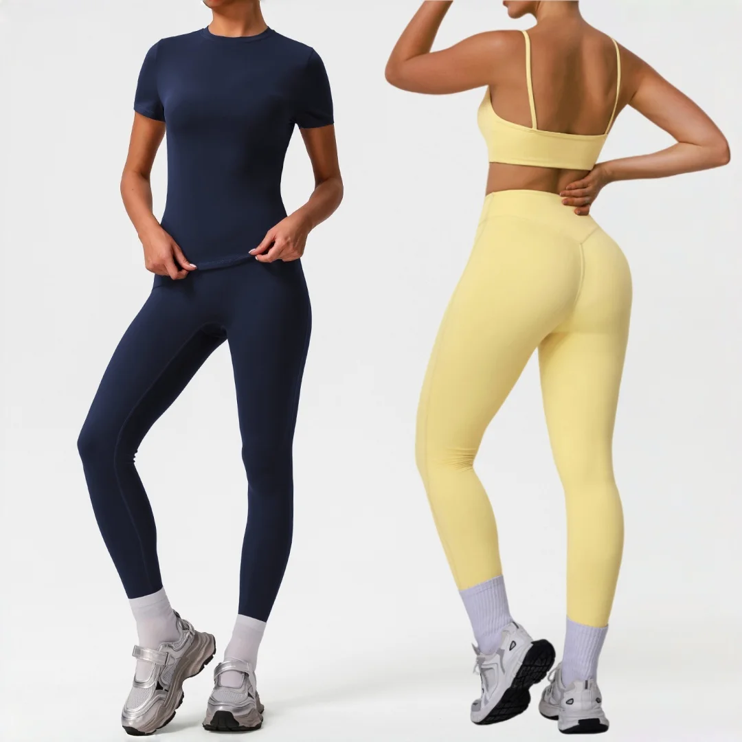 

High Waist Hip Lift Pants T-shirt Sports Bra Set Tight 2-piece Yoga Set Fitness Running Fitness Clothes Gym Women's Sportswear