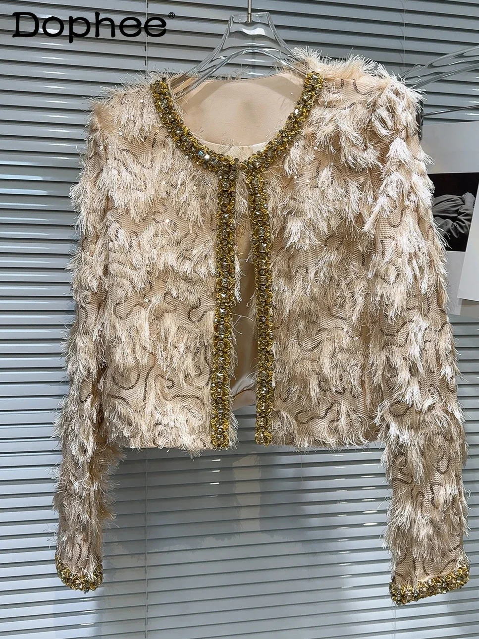 

Haute Couture Gold Beaded Plush Short Jacket Female 2024 Autumn New Elegant Round Neck Long-sleeved Jackets for Women