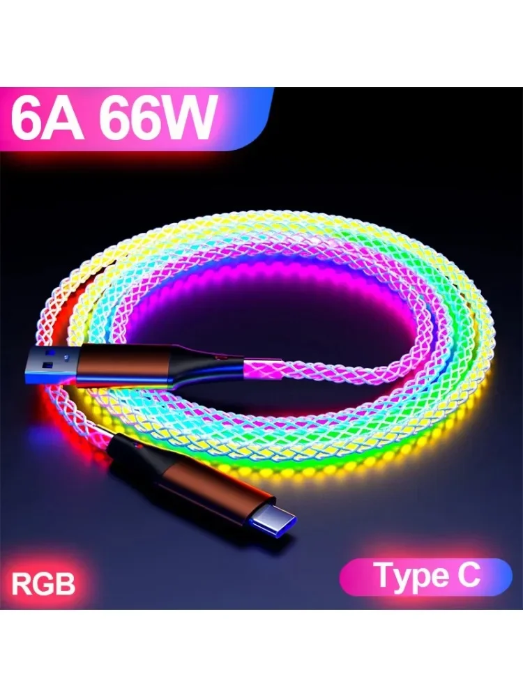 66W 6A USB To Type C Fast Charging Data Cables Dual Type C Wires Charger USB Cores with LED RGB Cable Breathing LED Light