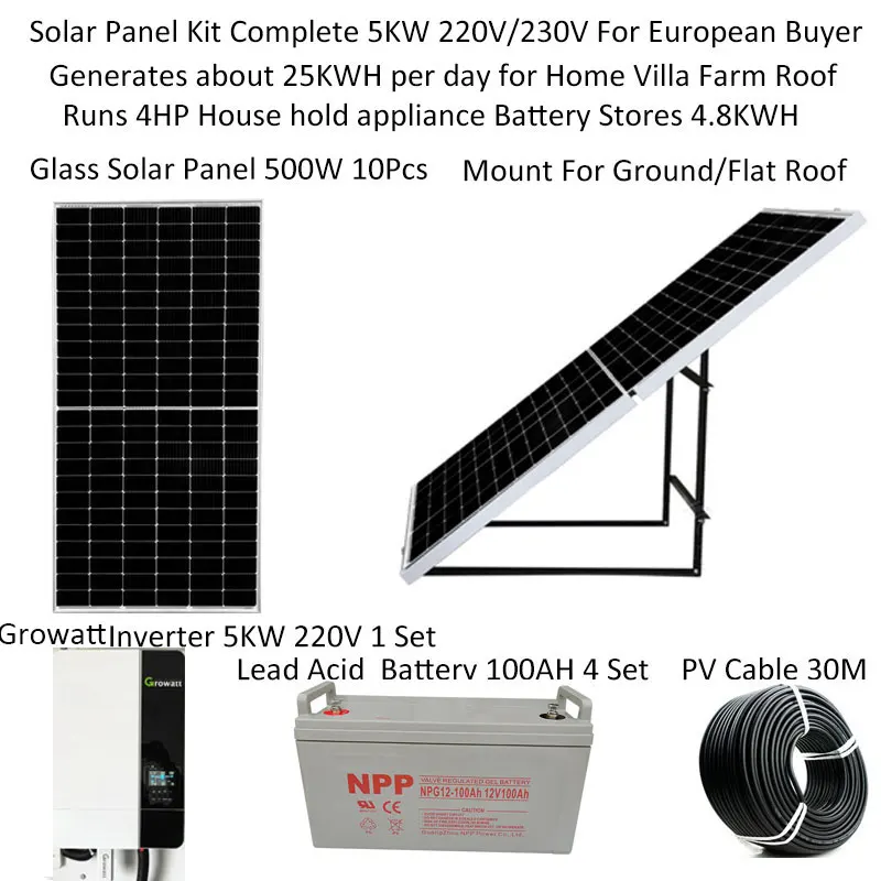 Solar System 5000w Watt 5KW Solar Panel 500W Growatt Hybrid Inverter Gel Lead Acid Battery Rooftop Ground Mount Off Grid Home