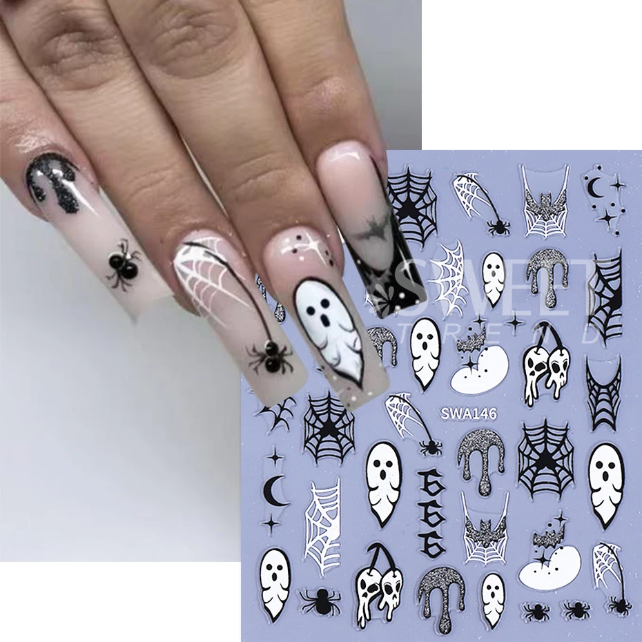 Autocollants adhésifs en toile d'araignée pour Halloween, 2 pièces, paillettes holographiques, chauve-souris fantôme étoile, accessoires de manucure à faire soi-même