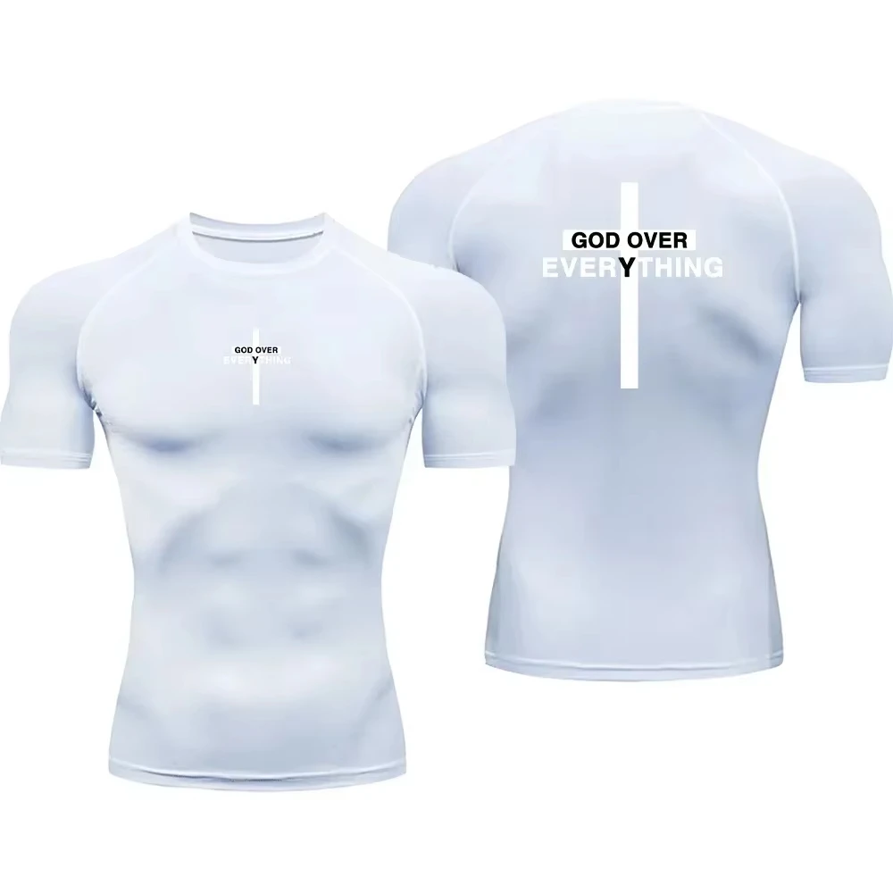 2026 Streetwear Cross Letter Print T-shirts Summer Tight Fitness Men's T Shirt Sportwear Breathable Y2K Top Compression Shirt