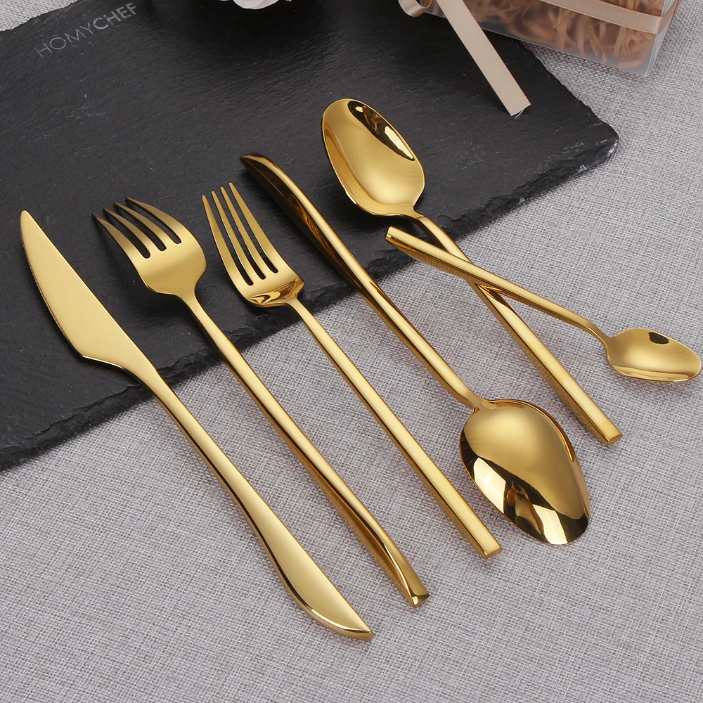 6/16/20/24/28Pcs Gold Tableware Stainless Steel 304 Cutlery Set Mirror Dinner Set Western Knife Fork Spoon Elegant Flatware