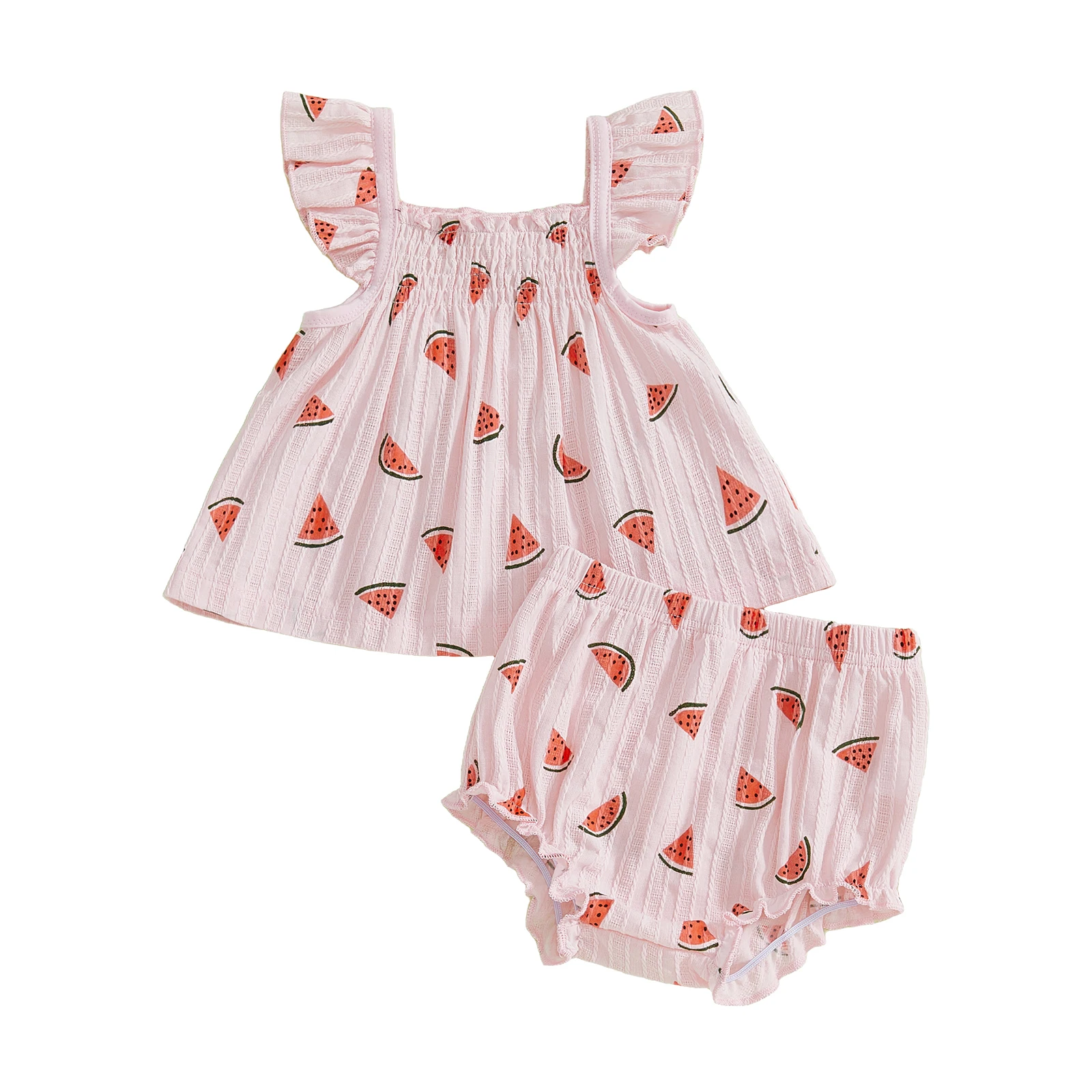 

Baby Girl Watermelon Shorts Outfit Flying Sleeve Smocked Babydoll Tops and Ruffle Shorts 2 Piece Summer Set