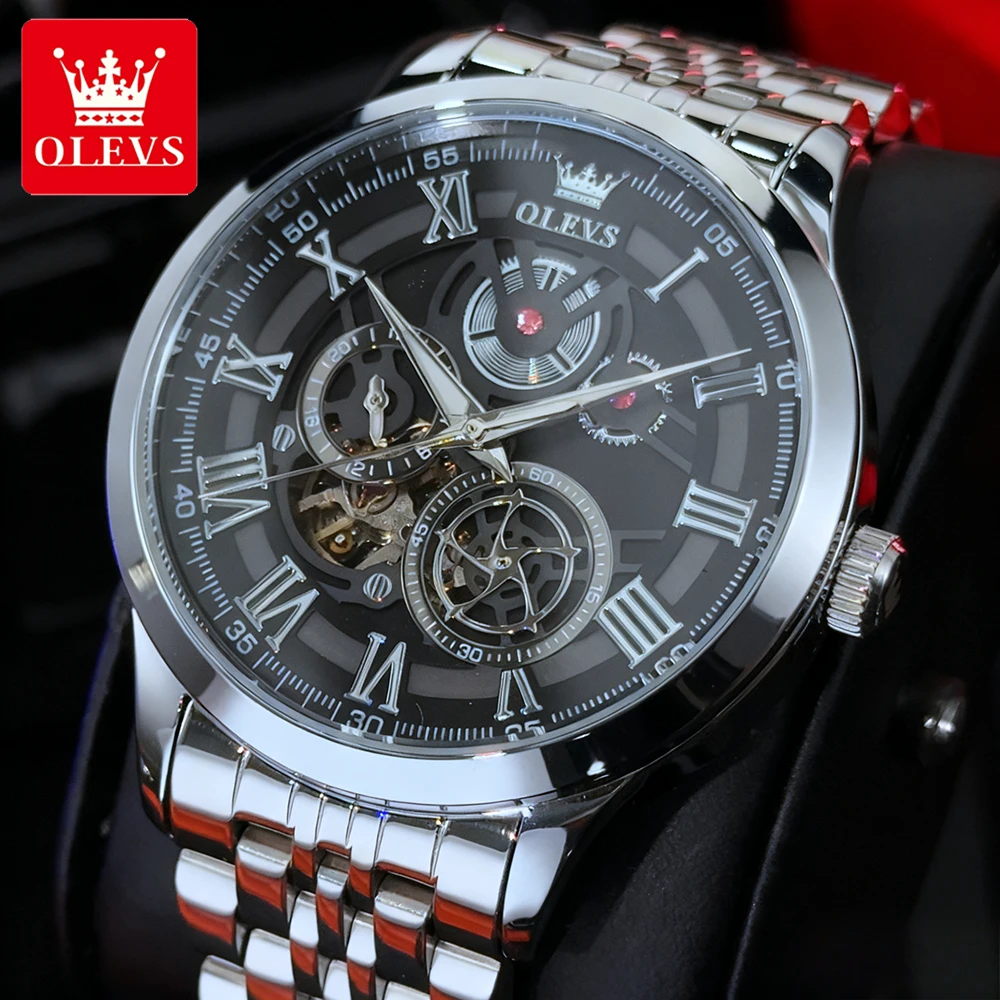 OLEVS Trend Fashion Men Watches Fine Steel Hollow Out Self-winding Flywheel Automatic Mechanical Wristwatch Waterproof Luminous