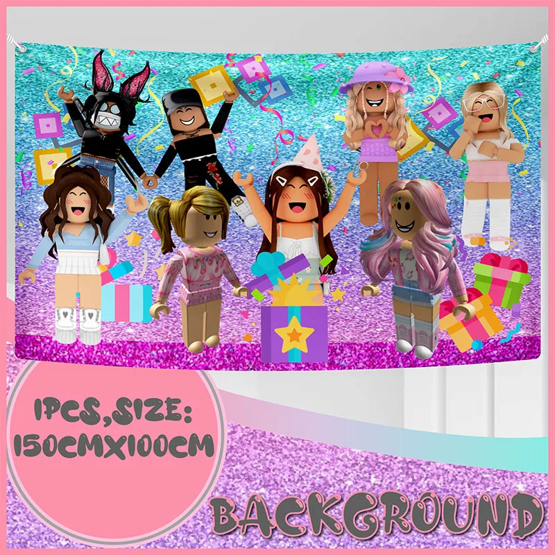 Purple Pink Robloxed Cartoon Birthday Background Party Decoration Items Shoot Venue Layout Props Birthday Decor Curtain Props