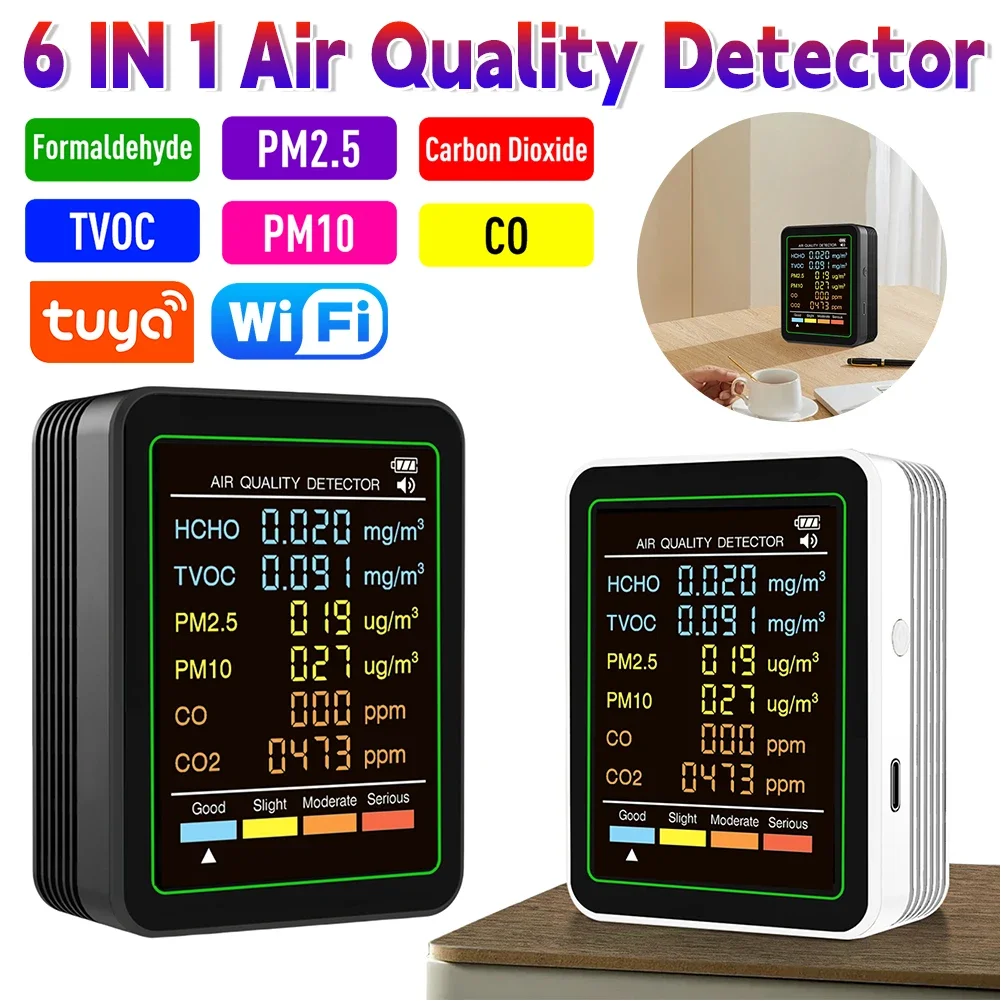 6 In 1 PM2.5 PM10 HCHO TVOC CO CO2 Luchtkwaliteit Detector CO CO2 Formaldehyde Monitor Home Office Luchtkwaliteit Tester