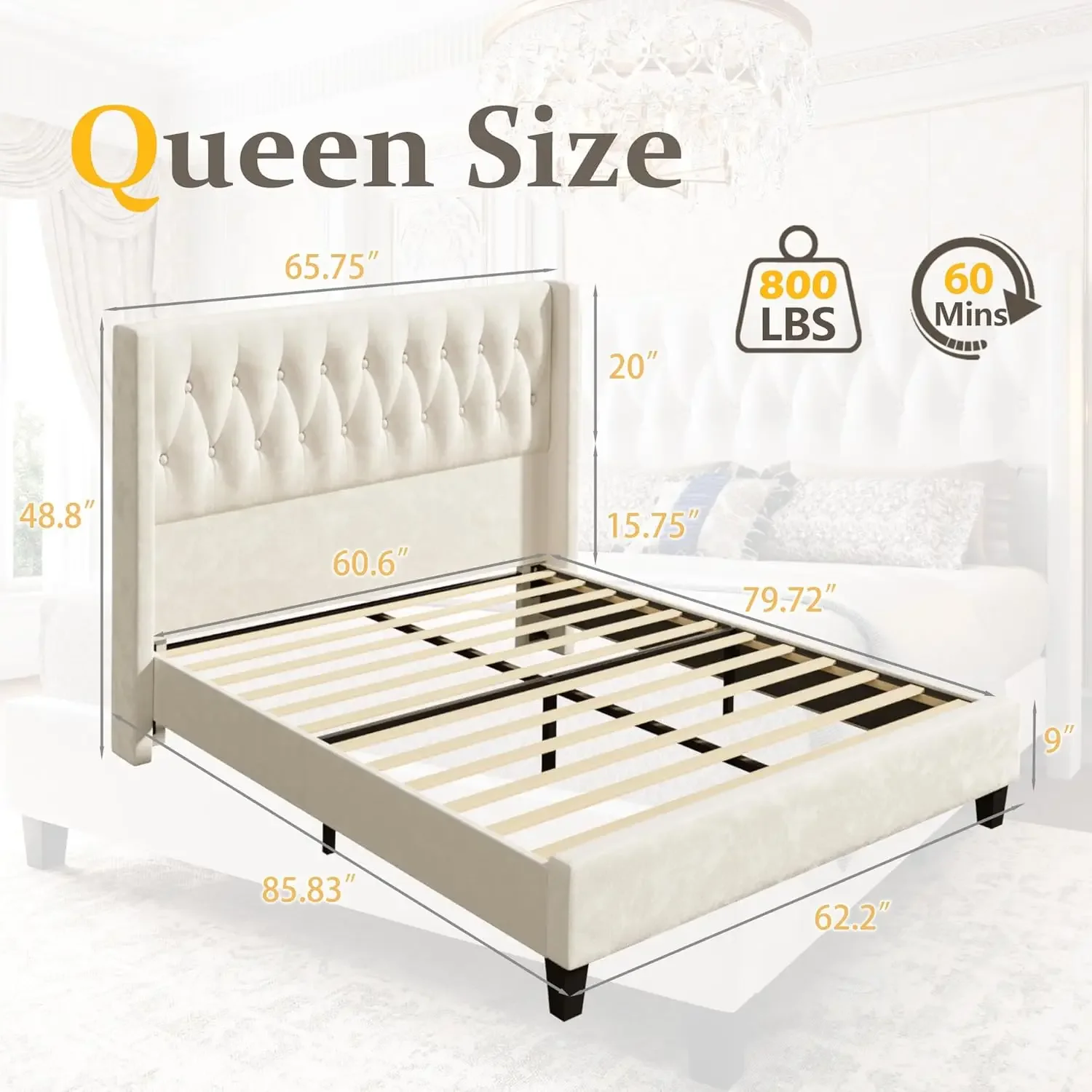 Queen Bed Frame, Velvet Upholstered Queen Platform Bed with 48.8