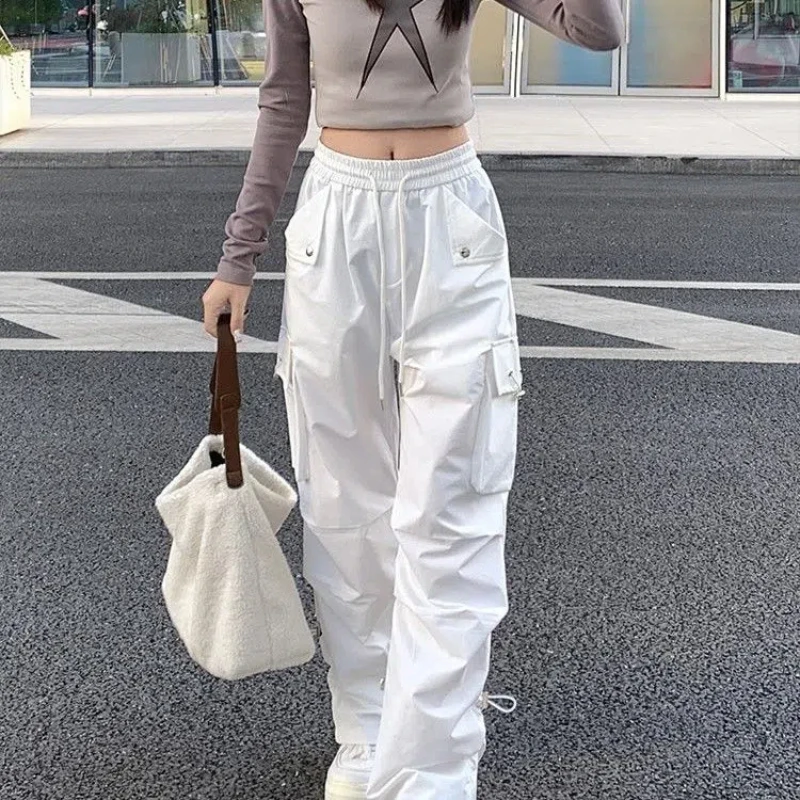 American Women's 2024 Summer Spliced Elasticized High-waisted Pocket Fashion Solid Color Loose Trend Charging Casual Pants
