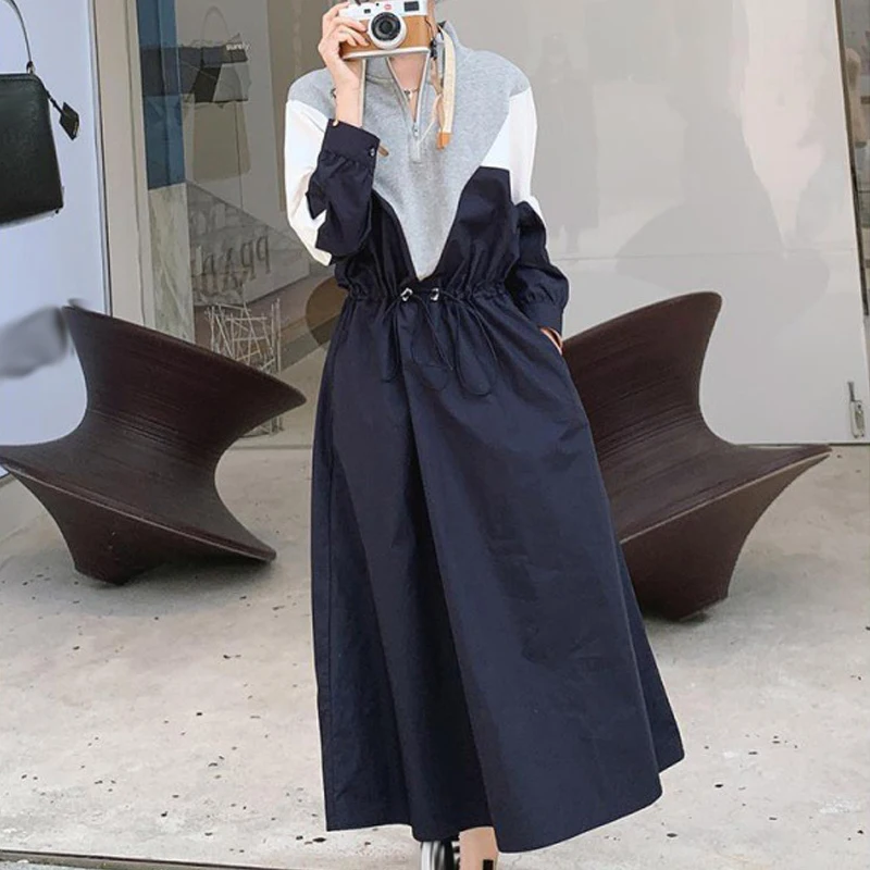 New Contrast Color Casual Dress Women 2024 Spring Autumn Loose Fit Half Open Collar Fashion Dresses Streetwear Commuting Dress