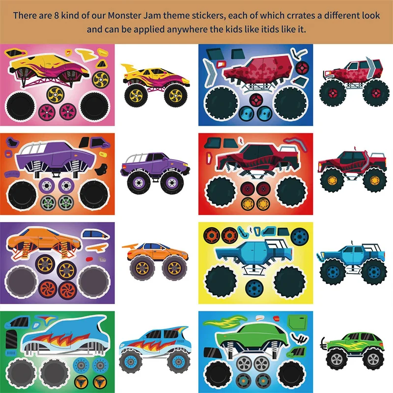6-24Sheets Cool Monster Truck Sticker Kids DIY Make Your Own Car Sticker Cartoon Racing Tuck Puzzle Assembling Jigsaw Boys Toys