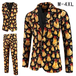 New 3D Christmas Dress Up Men Suits Autumn Winter Xmas Bell Printed Single Breasted Men's Blazers Sets Jacket + Vest + Trousers