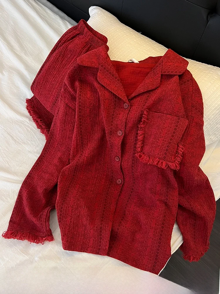 

Ретро-корейский красный комплект для сна с длинными рукавами и кардиганом на пуговицах, удобная, приятная для кожи женская домашняя одежда для весны и осени