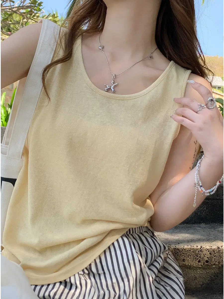 Colete Feminino Amarelo de Algodão e Linho com Alças, Solto, Sem Mangas, Camada Base, Estilo Casual, Tamanho Grande, Seda Gelada, para Primavera