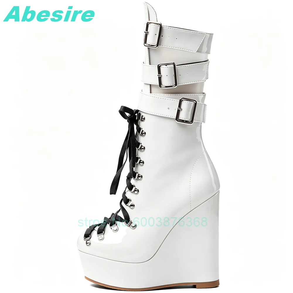 Black Glossy Patent Leather Lace Up Ankle Boots Buckle Strap Platform Wedge Heels Women's Boots Goth Punk Party Festival Shoes