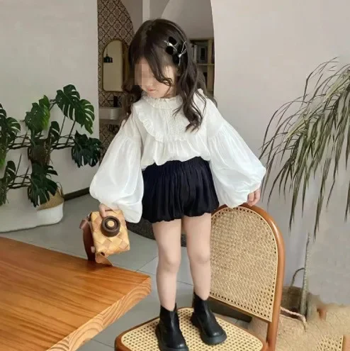

Spring and Autumn New Korean Foreign Chiffon Long Sleeve Doll Shirt Bubble Sleeve Top Versatile Pumpkin Shorts Two-piece Set