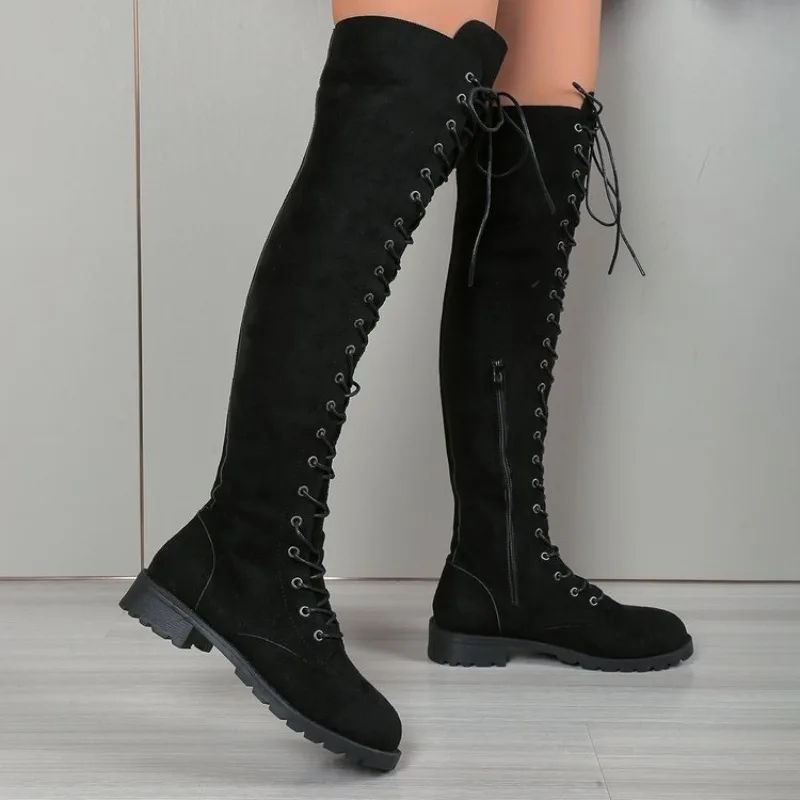 Winter Women's Sexy Lace-Up Over-The-Knee Boots Fashion Non-slip Thigh High Boots Side Zipper Low Heels Gothic Shoes Botas Mujer - view 4