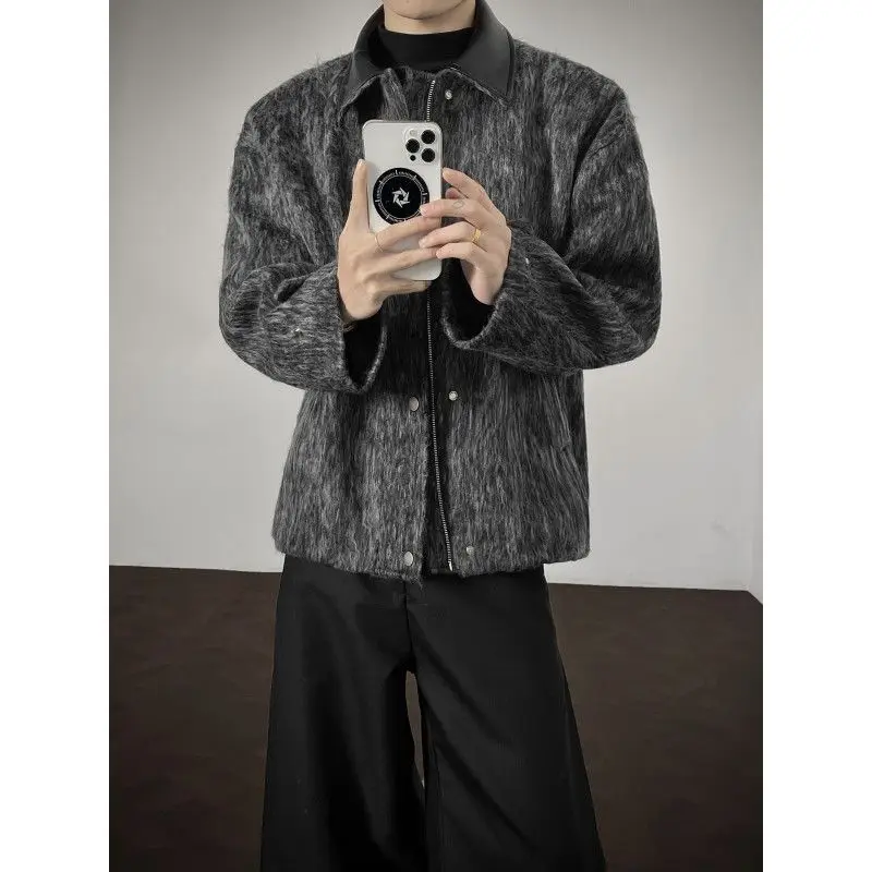 

Мужская куртка из смесовой шерсти в корейском стиле, приталенная, из канваса, с элементами кожи, легкая, теплая, повседневная, в студенческом стиле, с регулируемой талией