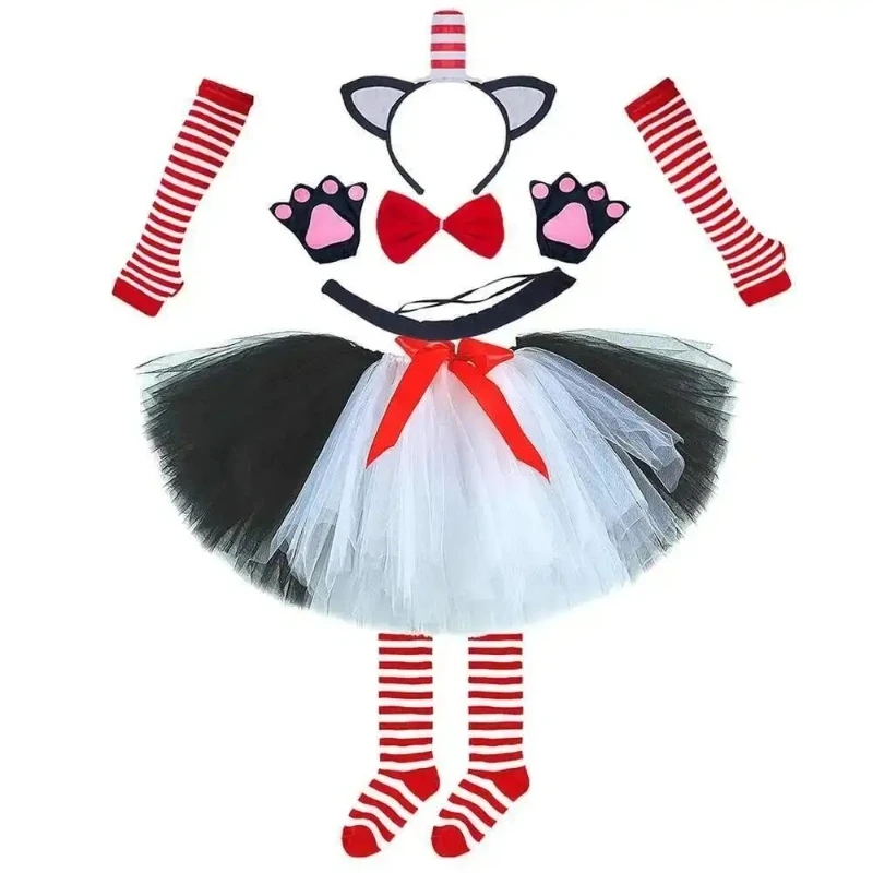 Funny Top Hat Cat Party Dresses for Girls Halloween Birthday Outfit with Bowtie Tail for Kids White Black Cat Ballet Tutus Set