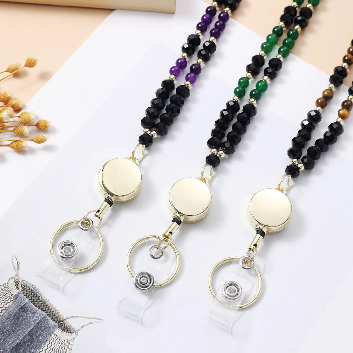 Stone Bead Lanyard With Transparent Card Holder Work Card Protective Cover Mobile Phone Chain Work Tag Easy-Pull Buckle Hanging