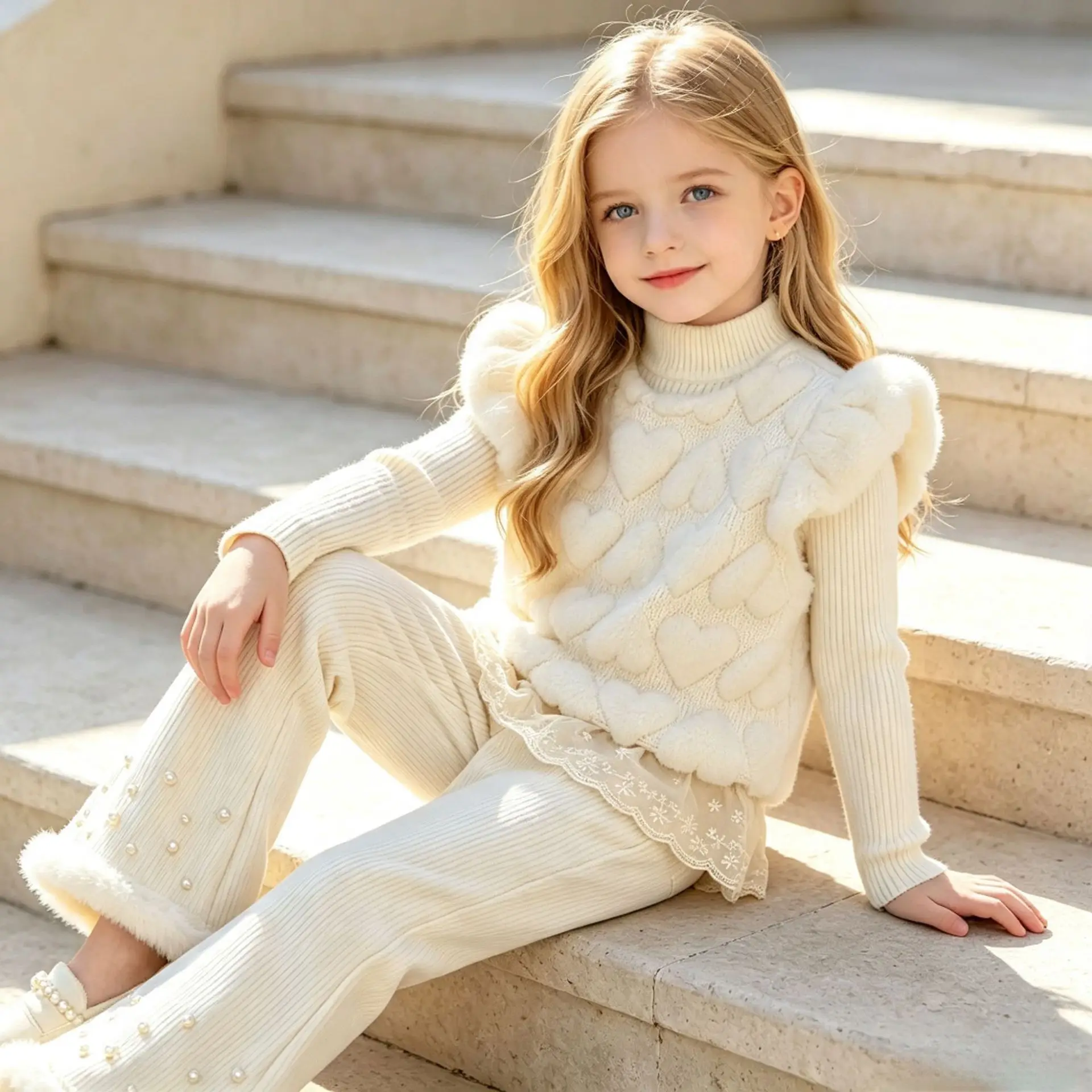 Girls Winter Hreat Plush Waistcoat Two Price Sets Fashion High Neck Base Layer Pearl Plush Bell-bottoms two price sets