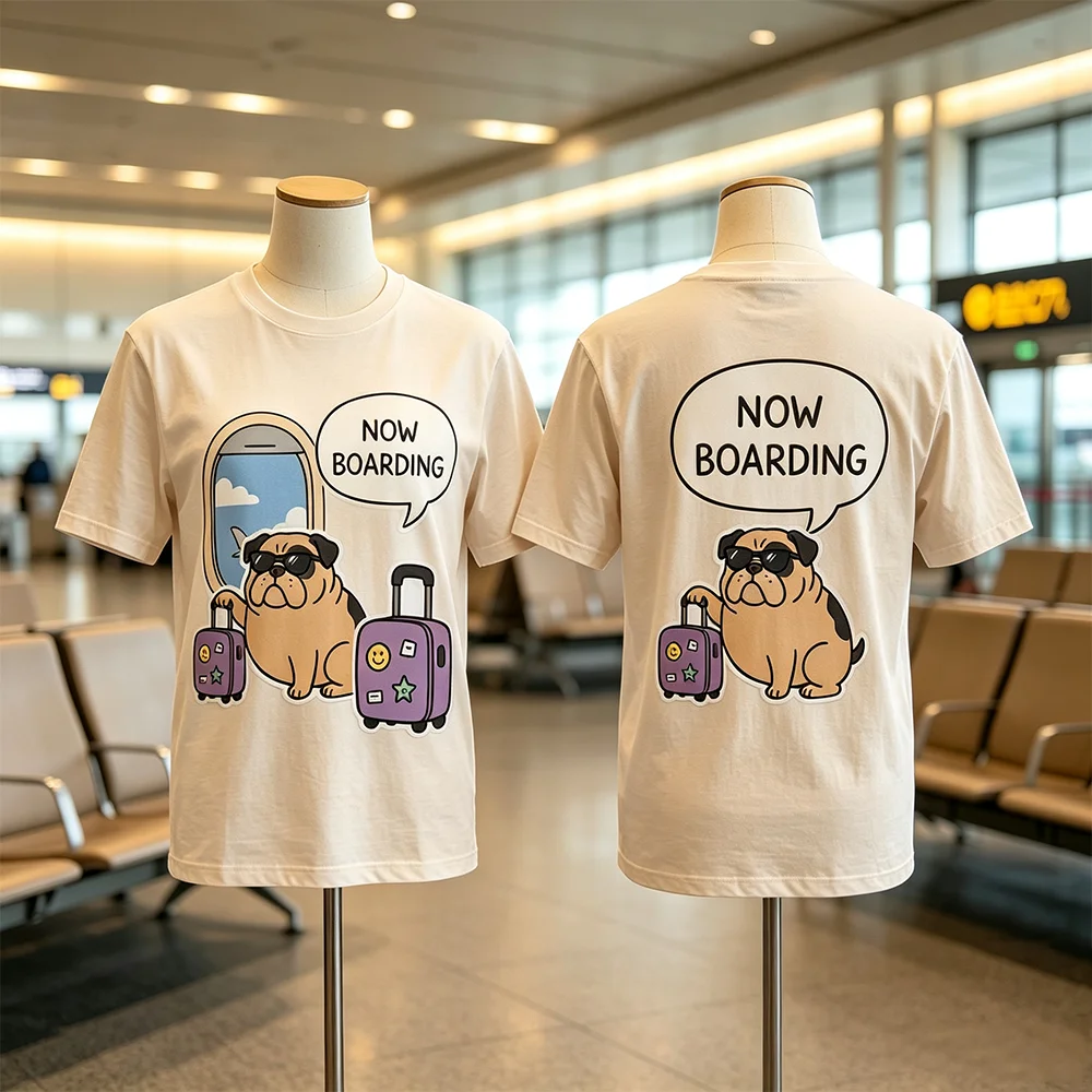 Unisex Cool Pug Dog Short Sleeve T-Shirt Airplane Window Now Boarding Cartoon Travel Vacation Casual Fashion for Children