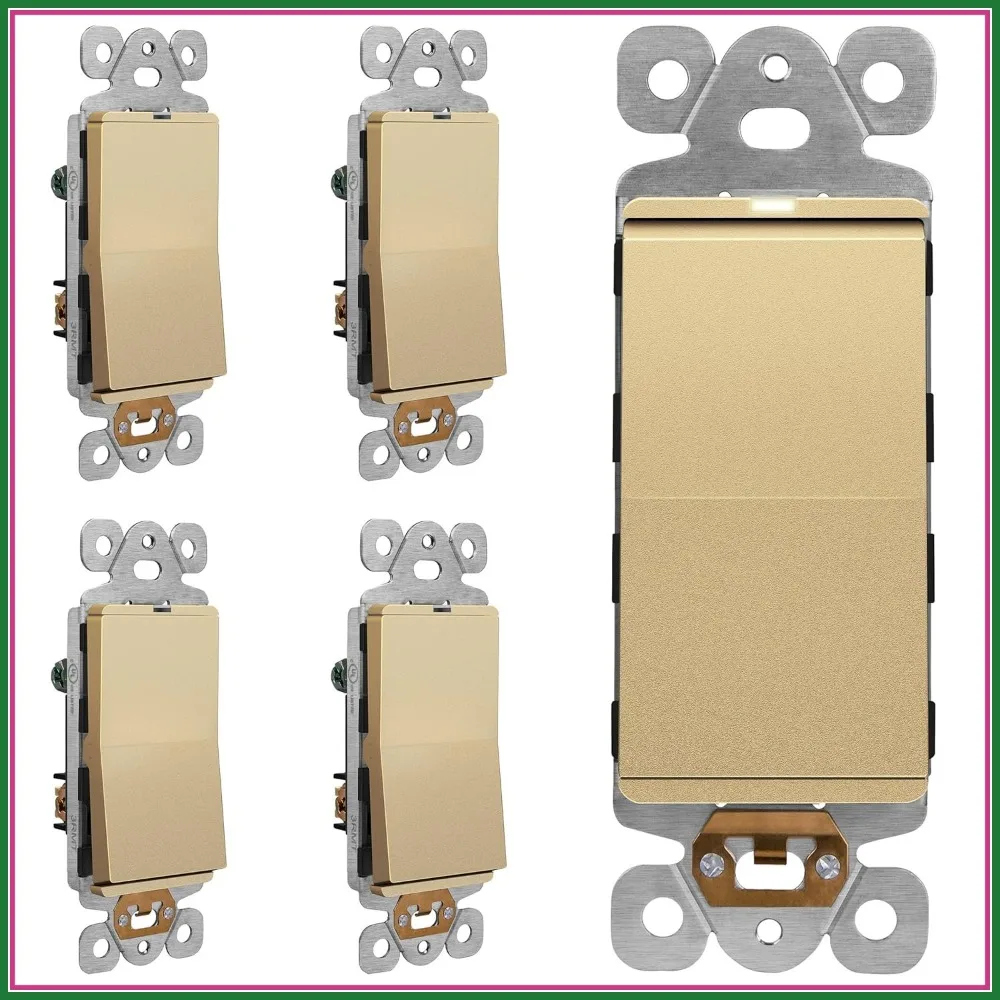 

Frameless Paddle Light Switch with LED Locator Light, Matte Finish, 3-Way or Single Pole, 15A 120V, UL Listed, Gold, 5 Pack