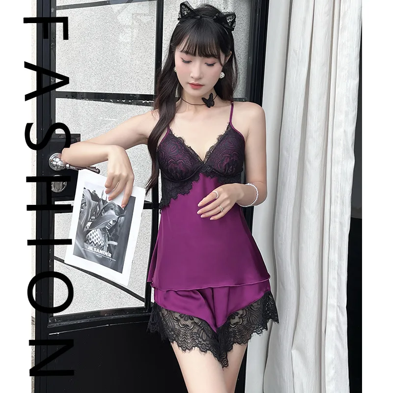 

Пижамы из ледяного шелка, женские новые летние шорты на подтяжках, комплект из двух предметов, летняя с нагрудником, кружевная домашняя одежда, новая уличная одежда