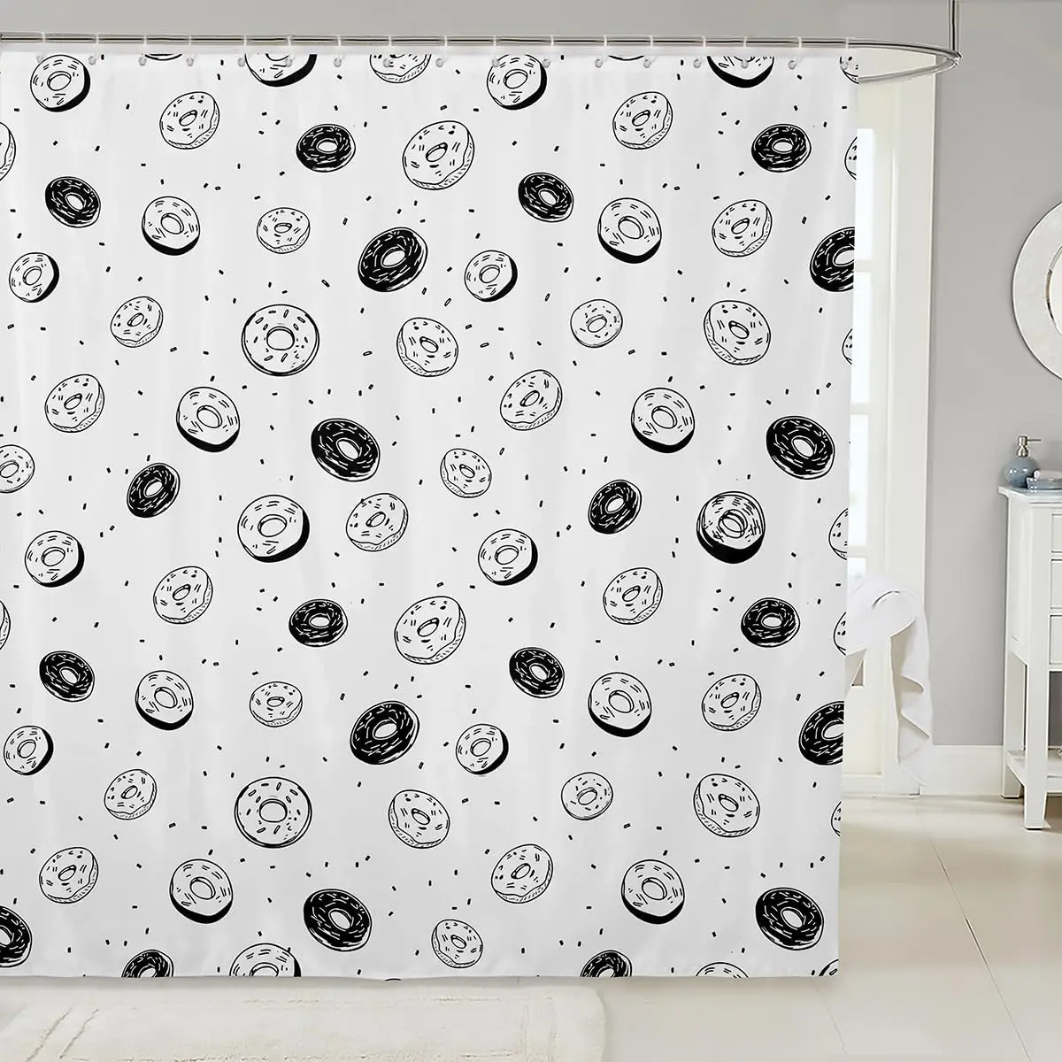 

Donut Pattern Shower Curtain Black White Food Design Kitchen Theme Bath Decor Waterproof Fabric Home Accessories