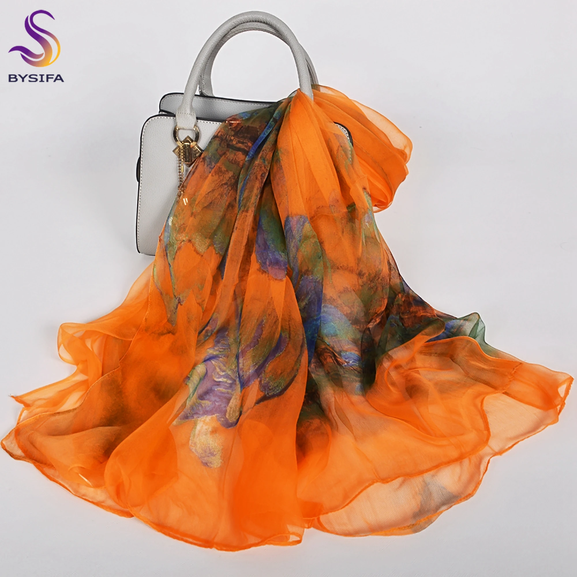 [BYSIFA] Orange Women Mulberry Silk Scarf Printed 170*105cm Fashion Water Ink Painting Luxury Scarves Shawl For Spring Autumn