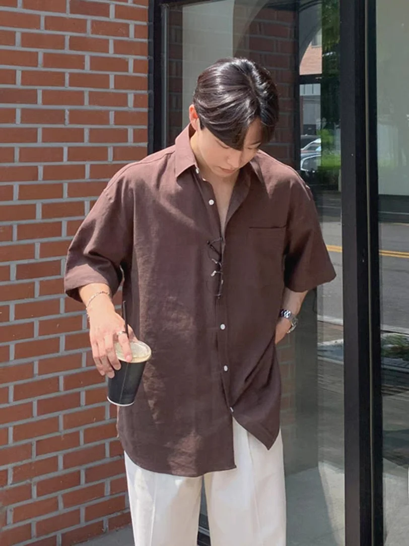 

Brown Cotton Linen Loose Fit ort Sve Casual irt Men's Summer Lightweight Anti UV Breathable Comfortable Leisure Workwear