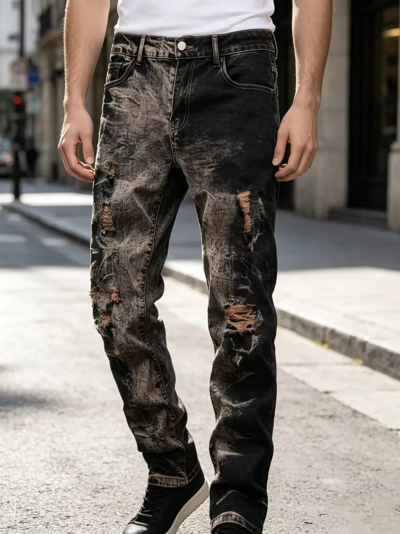 

Men's Elastic Denim Jeans Straight Leg Long Pants Faded Dyeing Old World Hole Design Cross-Border Trade Version