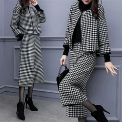 Korean Female Wide Leg Pants 2 Piece Set Autumn Winter Fashion Leisure Seven Points Sleeve Woolen Coat Plaid Jacket Women Outfit